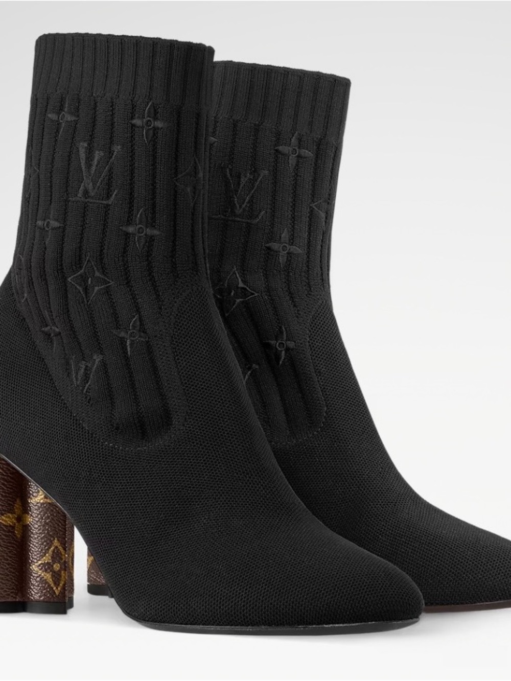 Louis Vuitton Black Knit Sock Ankle Boots with Monogram Heel Accent - Picture 7 of 7